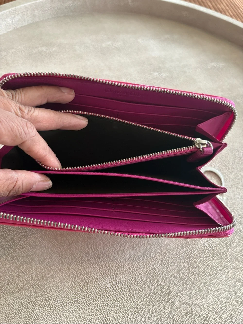 Dior Hot Pink Quilted Patent Zip-Around Wallet with Charm